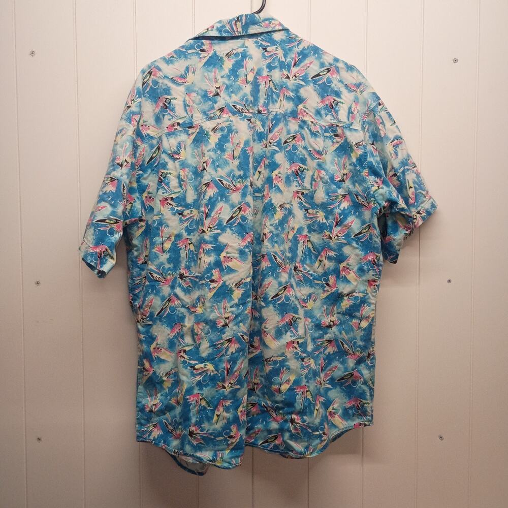 Vintage Columbia Sportswear Fishing Shirt Men XL Made USA Fly Lures AOP PFG Blue - Picture 7 of 8
